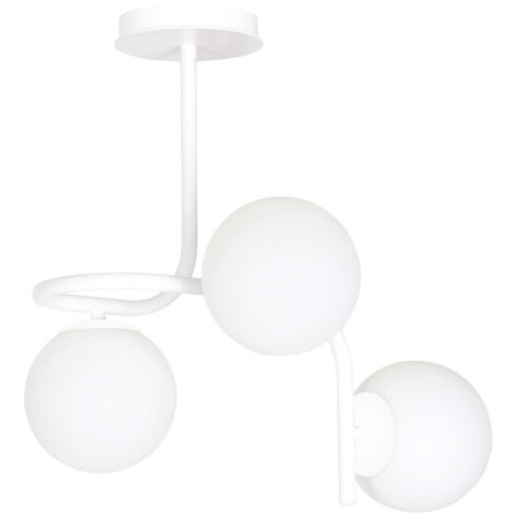 Lampadario 3 Luci Rama In Acciaio Bianco A Bracci E Sfere In Vetro Opalino