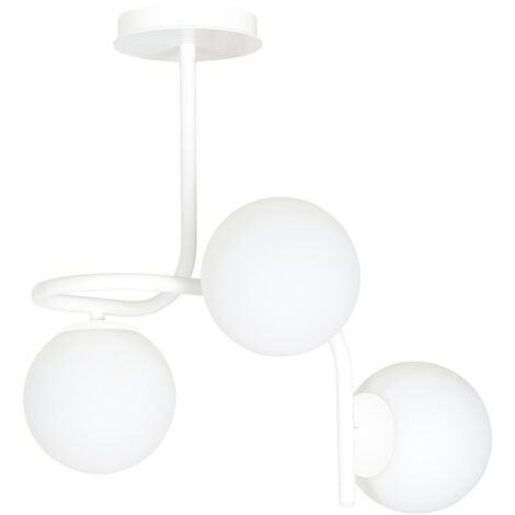 Lampadario 3 Luci Rama In Acciaio Bianco A Bracci E Sfere In Vetro Opalino