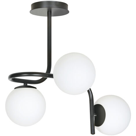Lampadario 3 Luci Rama In Acciaio Nero A Bracci E Sfere In Vetro Opalino
