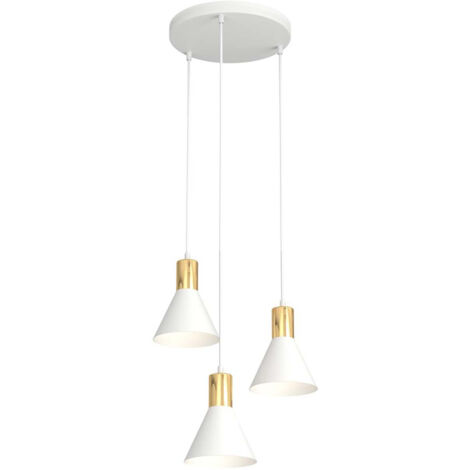 Lampadario 3 Luci Rosa Base Tonda Acciaio Bianco E Paralumi Conici Bianco E Oro