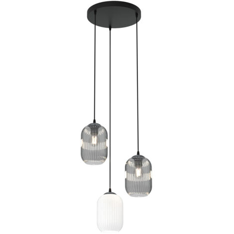 Lampadario 3 Luci Selene Base Tonda Acciaio Nero Vetri Plissettati Bianco E Fumè
