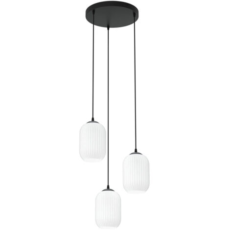 Lampadario 3 Luci Selene Base Tonda In Acciaio Nero E Vetri Plissettati Bianchi