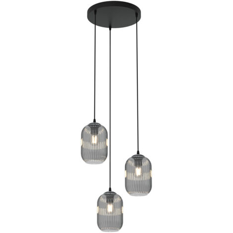 Lampadario 3 Luci Selene Base Tonda In Acciaio Nero E Vetri Plissettati Fumè