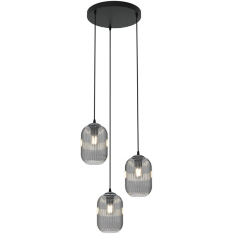 Lampadario 3 Luci Selene Base Tonda In Acciaio Nero E Vetri Plissettati Fumè