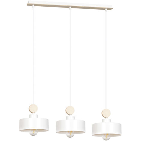 Lampadario 3 Luci Zhurong In Acciaio Bianco E Paralumi Con Legno Naturale