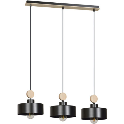 Lampadario 3 Luci Zhurong In Acciaio Nero E Paralumi Con Legno Naturale