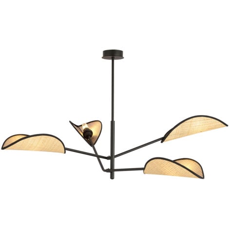 Lampadario 4 Luci Eridano In Acciao Nero E Rattan Con Bracci Mobili