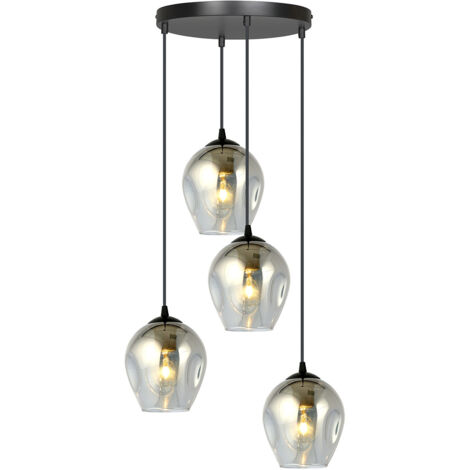 Lampadario 4 Luci Fuxi Base Tonda In Acciaio Nero E Vetri Fumè