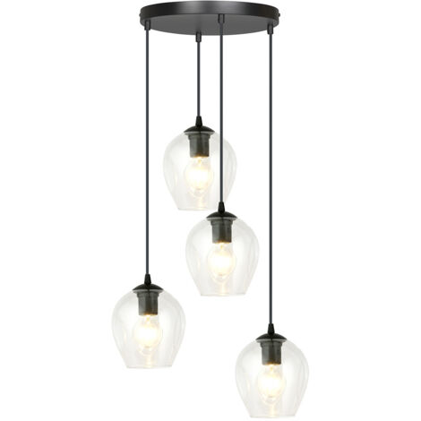 Lampadario 4 Luci Fuxi Base Tonda In Acciaio Nero E Vetri Trasparente