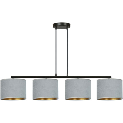 Lampadario 4 Luci Ganesha In Acciaio Nero E Paralumi In Tessuto Grigio