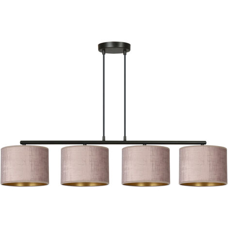 Lampadario 4 Luci Ganesha In Acciaio Nero E Paralumi In Tessuto Rosa