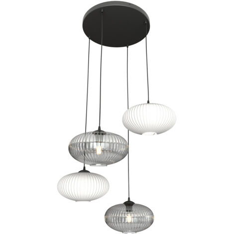Lampadario 4 Luci Iris Base Tonda In Acciaio Nero Paralume Plissè Multicolor