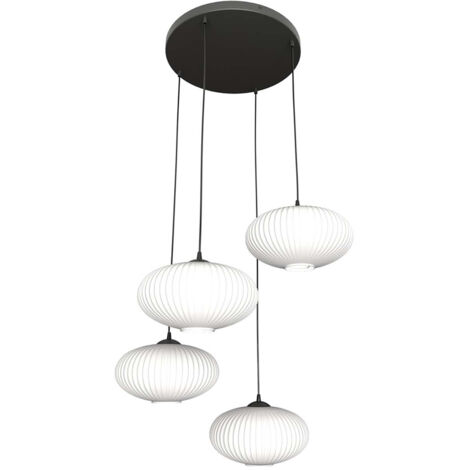 Lampadario 4 Luci Iris Base Tonda In Acciaio Nero Paralume Plissettato Bianco