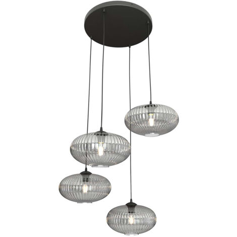Lampadario 4 Luci Iris Base Tonda In Acciaio Nero Paralume Plissettato Fumè