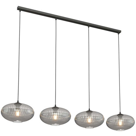 Lampadario 4 Luci Iris In Acciaio Nero Paralume Plissettato Fumè
