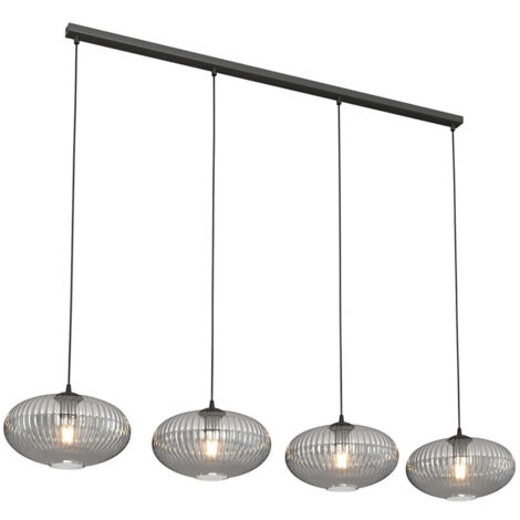 Lampadario 4 Luci Iris In Acciaio Nero Paralume Plissettato Fumè