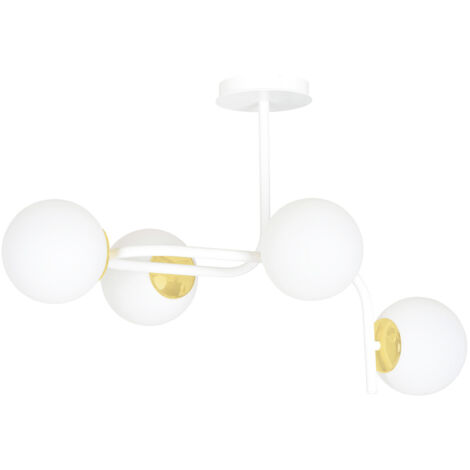Lampadario 4 Luci Kalf Acciaio Bianco A Bracci Curvi E Sfere Vetro Opalino E Oro