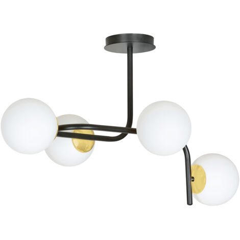 Lampadario 4 Luci Kalf Acciaio Nero A Bracci Curvi E Sfere Vetro Opalino E Oro