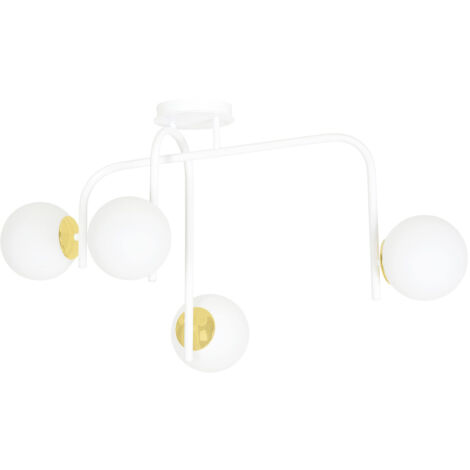 Lampadario 4 Luci Kalf In Acciaio Bianco A Bracci E Sfere In Vetro Opalino E Oro