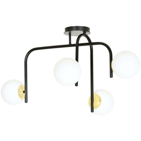 Lampadario 4 Luci Kalf In Acciaio Nero A Bracci E Sfere In Vetro Opalino E Oro