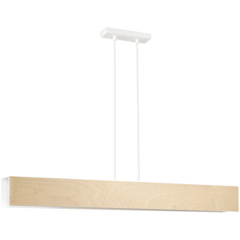 Lampadario 4 Luci Merlino In Acciaio Bianco Corpo Rettangolare E Legno Naturale