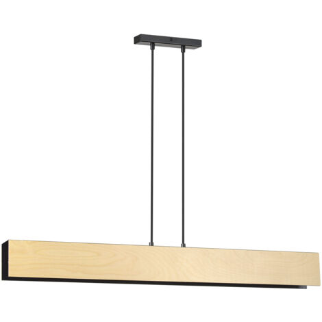 Lampadario 4 Luci Merlino In Acciaio Nero Corpo Rettangolare E Legno Naturale