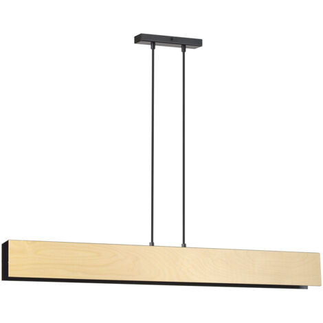 Lampadario 4 Luci Merlino In Acciaio Nero Corpo Rettangolare E Legno Naturale