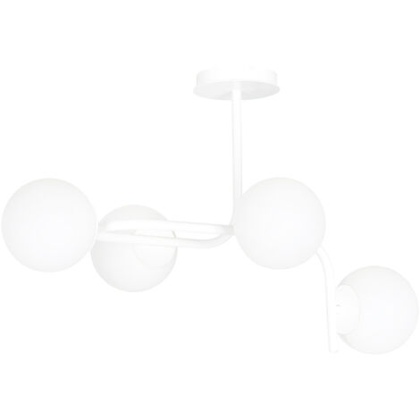 Lampadario 4 Luci Rama In Acciaio Bianco A Bracci Curvi E Sfere In Vetro Opalino