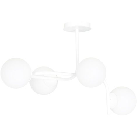 Lampadario 4 Luci Rama In Acciaio Bianco A Bracci Curvi E Sfere In Vetro Opalino