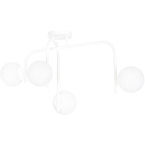 Lampadario 4 Luci Rama In Acciaio Bianco A Bracci E Sfere In Vetro Opalino