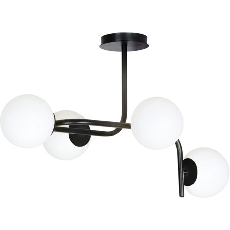 Lampadario 4 Luci Rama In Acciaio Nero A Bracci Curvi E Sfere In Vetro Opalino