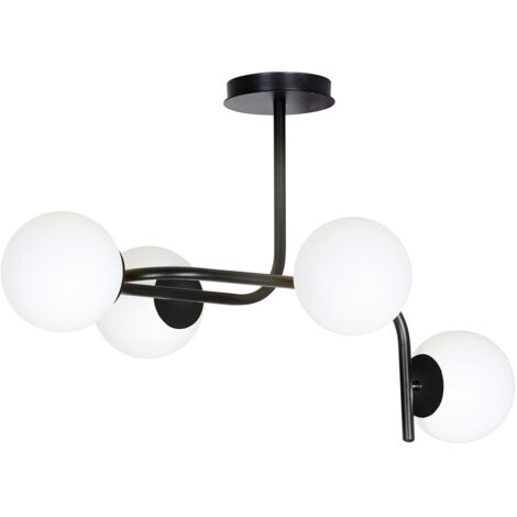 Lampadario 4 Luci Rama In Acciaio Nero A Bracci Curvi E Sfere In Vetro Opalino