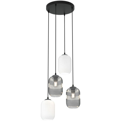 Lampadario 4 Luci Selene Base Tonda Acciaio Nero Vetri Plissettati Bianco E Fumè
