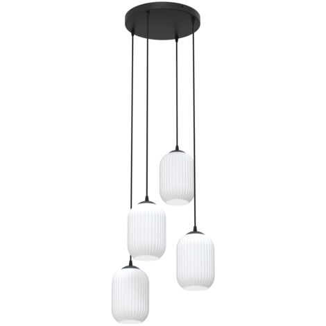 Lampadario 4 Luci Selene Base Tonda In Acciaio Nero E Vetri Plissettati Bianchi