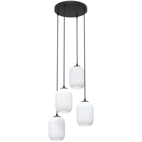 Lampadario 4 Luci Selene Base Tonda In Acciaio Nero E Vetri Plissettati Bianchi