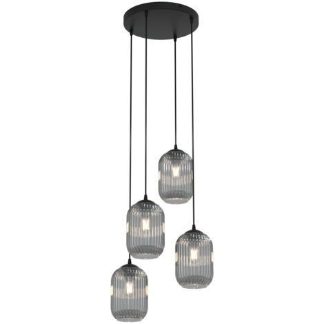 Lampadario 4 Luci Selene Base Tonda In Acciaio Nero E Vetri Plissettati Fumè