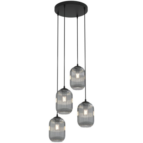 Lampadario 4 Luci Selene Base Tonda In Acciaio Nero E Vetri Plissettati Fumè