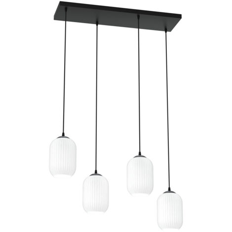 Lampadario 4 Luci Selene In Acciaio Nero E Vetri Plissettati Bianchi