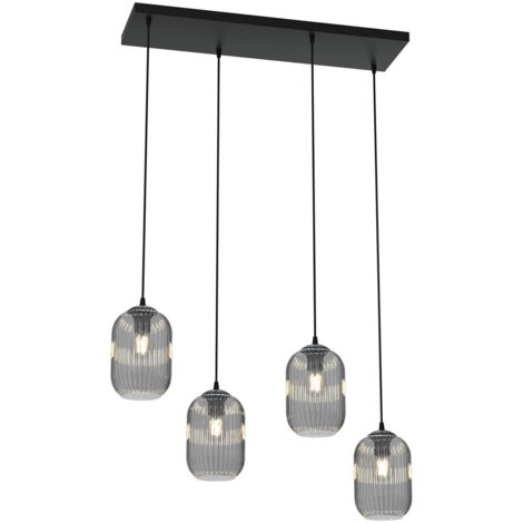 Lampadario 4 Luci Selene In Acciaio Nero E Vetri Plissettati Fumè