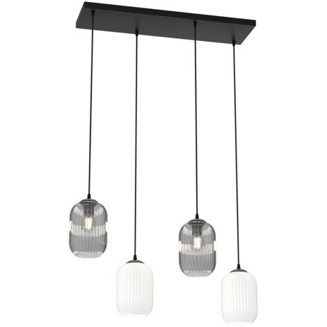 Lampadario 4 Luci Selene In Acciaio Nero E Vetri Plissettati In Bianco E Fumè