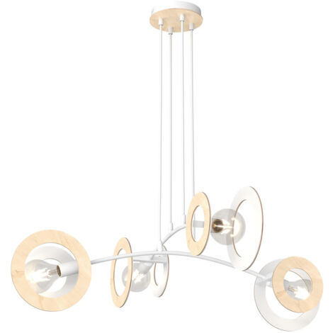 Lampadario 4 Luci Skiva Acciaio Bianco Legno Naturale E Diffusori Doppio Cerchio