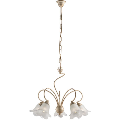 Lampadario 5 Luci Alice Ferro Battuto Avorio E Oro Vetro Bianco