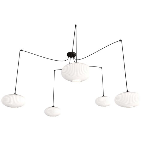 Lampadario 5 Luci Elios In Acciaio Nero Paralume Plissettato Bianco