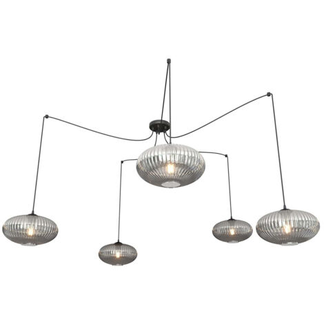 Lampadario 5 Luci Elios In Acciaio Nero Paralume Plissettato Fumè