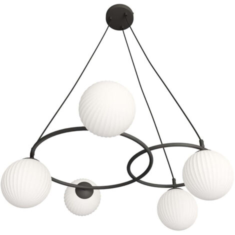Lampadario 5 Luci Eolo A Cerchi E Diffusori In Vetro Rigato Opale