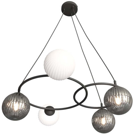 Lampadario 5 Luci Eolo A Cerchi E Diffusori In Vetro Rigato Opale E Fumè