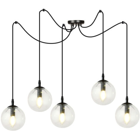 Lampadario 5 Luci Ginevra In Acciaio Nero Con Cavo Lungo E Vetri Trasparente