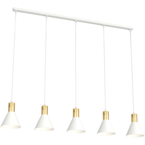 Lampadario 5 Luci Heimdall In Acciaio Bianco E Paralumi Conici Bianco E Oro