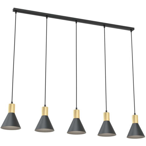 Lampadario 5 Luci Heimdall In Acciaio Nero E Paralumi Conici Nero E Oro