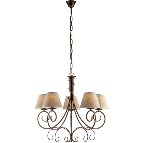 Lampadario 5 Luci Vienna Ferro Marrone E Oro Con Paralumi In Pvc